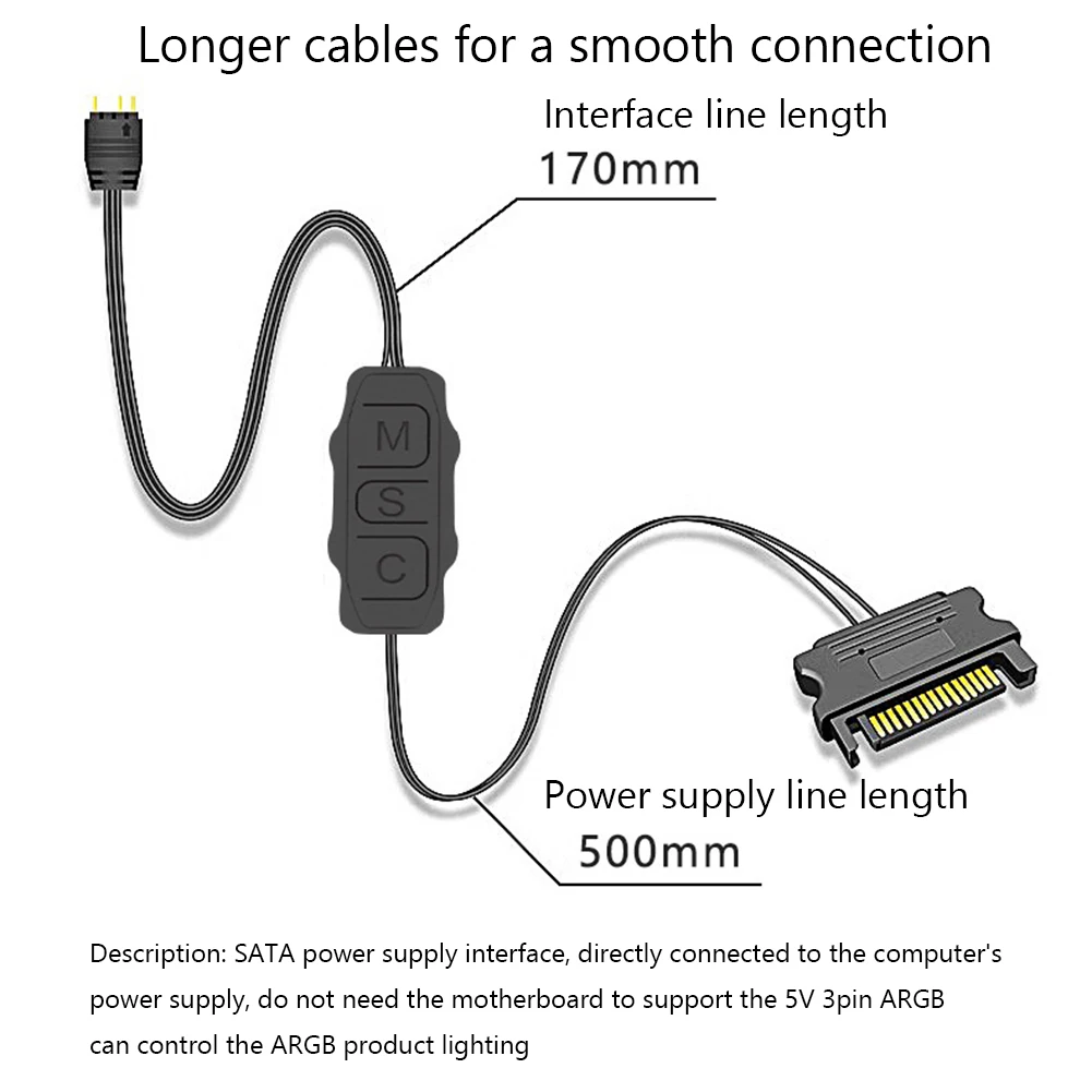 5V 3PIN ARGB Controller ARGB 5V 3PIN To SATA Interface Extension Cable RGB Sync Controller Cable for PC Fan Light Strip