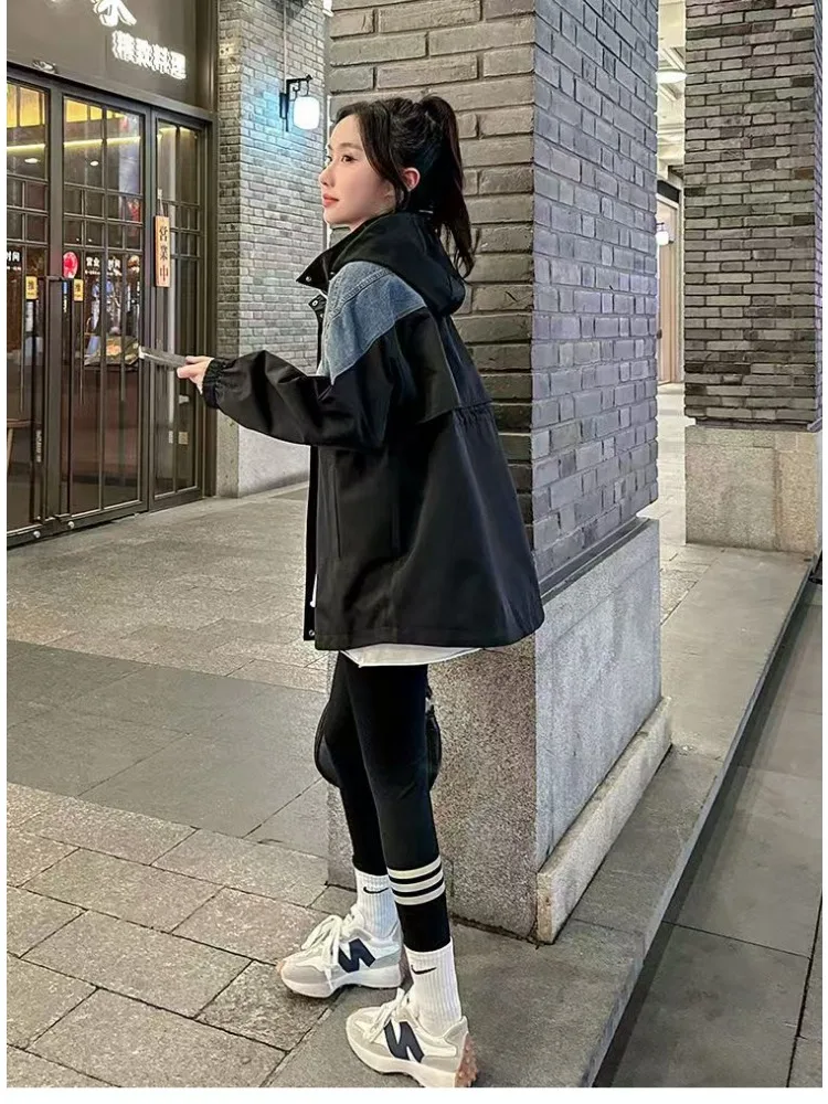 Denim Patchwork Windbreaker Jacket Women Spring Autumn Fashion False Two Pieces Coat Casual Fashionable Medium-length Tops Trend