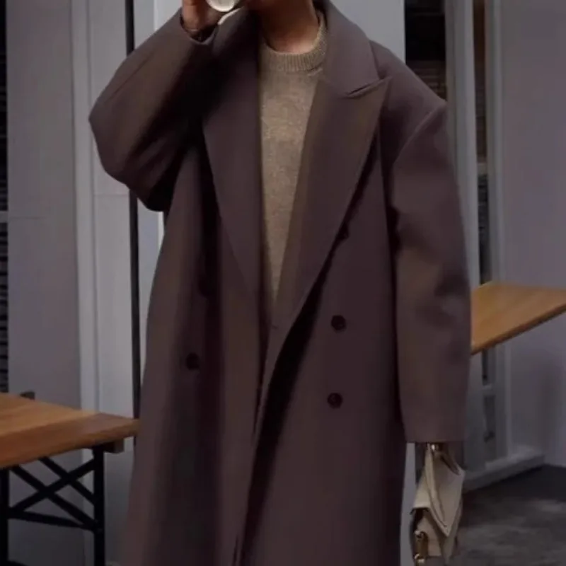 우아한 여가용 여성 롱코트 라펠 더블브레스트 브라운 오버코트 2025 가을 겨울 여성 출퇴근 외투