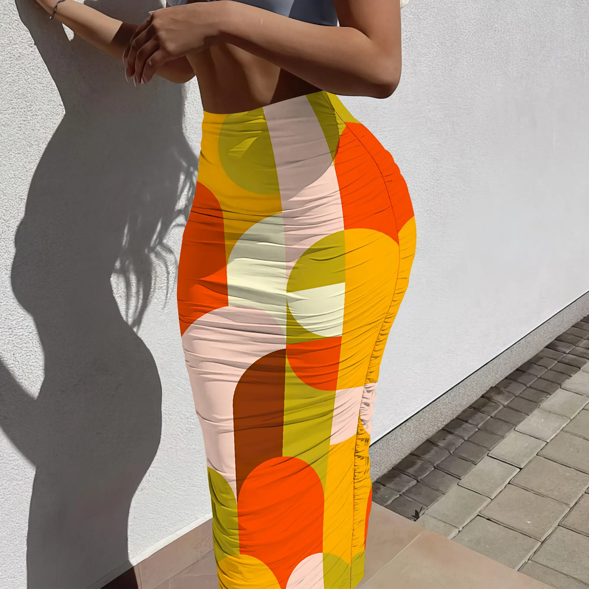 Nupusa Jupe imprimée cercle coloré pour femme Jupe longue moulante taille haute décontractée