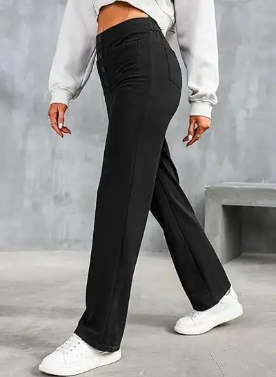 

High waist button with multiple pockets Casual straight leg trousers platter fabric loose straight version