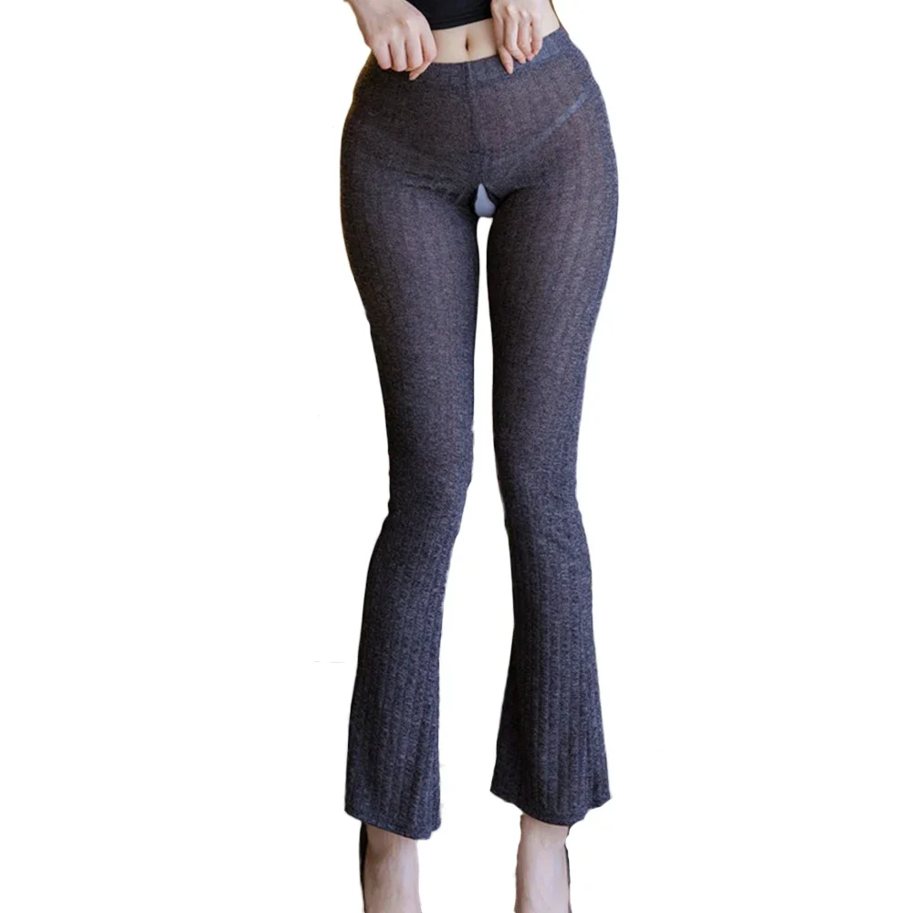 Damen-Schlaghose mit Reißverschluss, offener Schritt, hohe Taille, ouvert, sexy Hüften, Caprihose, elastisch, durchsichtig, Yoga-Fitnesshose