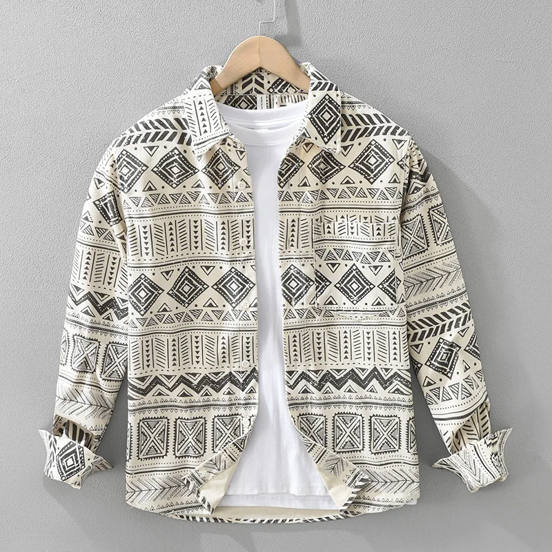 

Retro Ethnic Print Long Sve Men's irt Spring New Sle Versatile Loose Faionable Casual Polyester Fiber irt