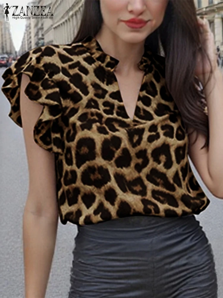 ZANZEA Women Leopard Printing Blouses 2025 Casual Fly-ing Sleeve Tops Female OL Work Ruffled Shirts Summer loose V-Neck Tops