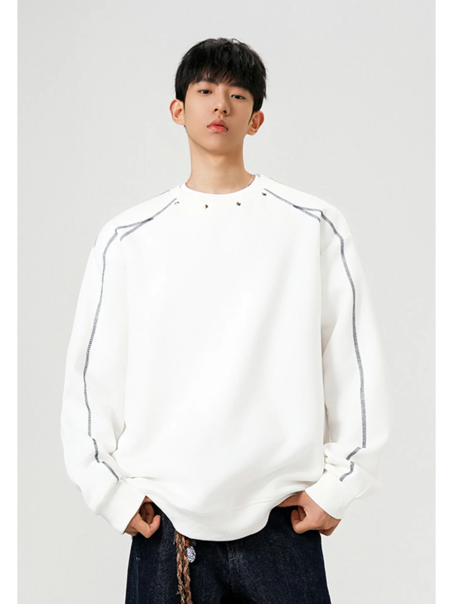 

American Sle Fce Lined Thiened Sweatirt Men's Loose Large Size Heavyweight round Ne No Hat Trendy Brand Base irt