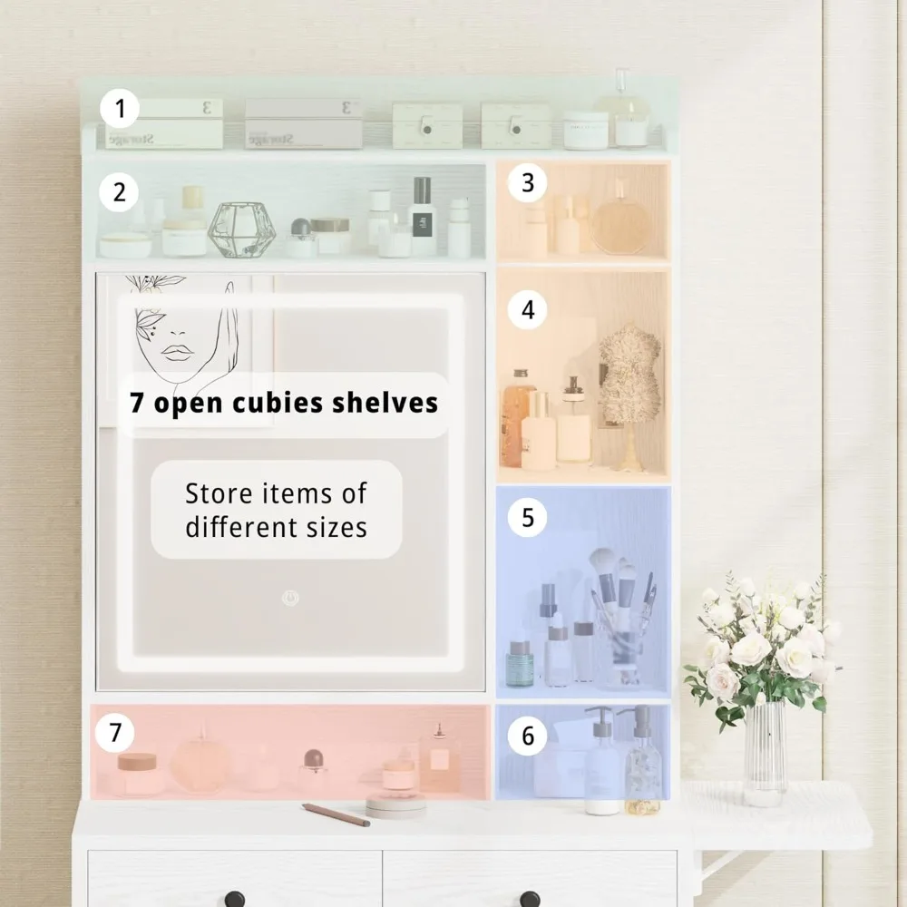 مكتب فانيتي مع مرآة وأضواء LED، خزانة مجوهرات، مجموعة طاولة تزيين المكياج مع أدراج، أرفف تخزين، لغرفة النوم، #5