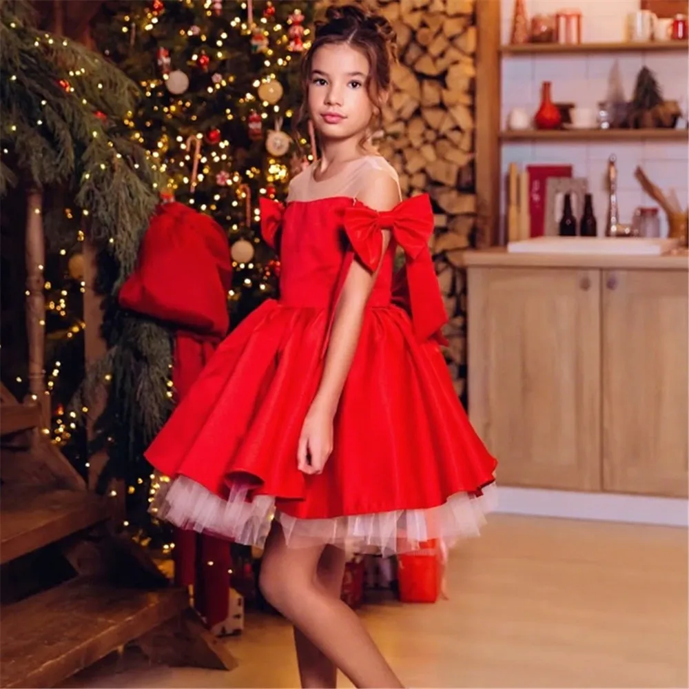 

Cute Red Flower Girl Wedding Dress Bow Tiered Sleeveless Ball Gown Princess Birthday Party Gown First Communion Dress Customized