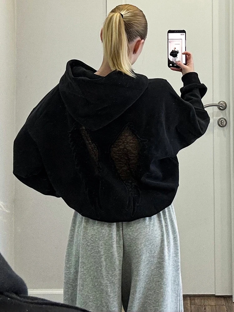 Kliou Wings Lace Backless Hooded Pullover Woman Autumn Trend Full Sleeve Skinny Stretch Hot Girls High Street Fashion Style Tops