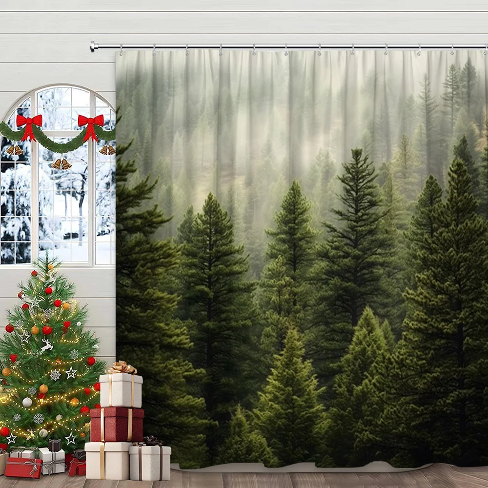 

Занавеска для душа с принтом темно-зеленого соснового леса и туманных деревьев, полиэстеровая, с 12 крючками, для декора в природном стиле