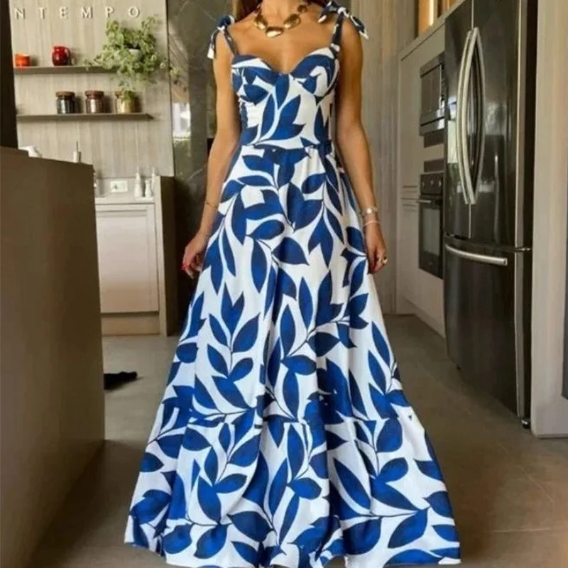 

Elegant Blue Leaf Print Tie Strap Vacation Maxi Dress Women High Waist A-Line Long Dress Vintage French Summer Beach Sundress