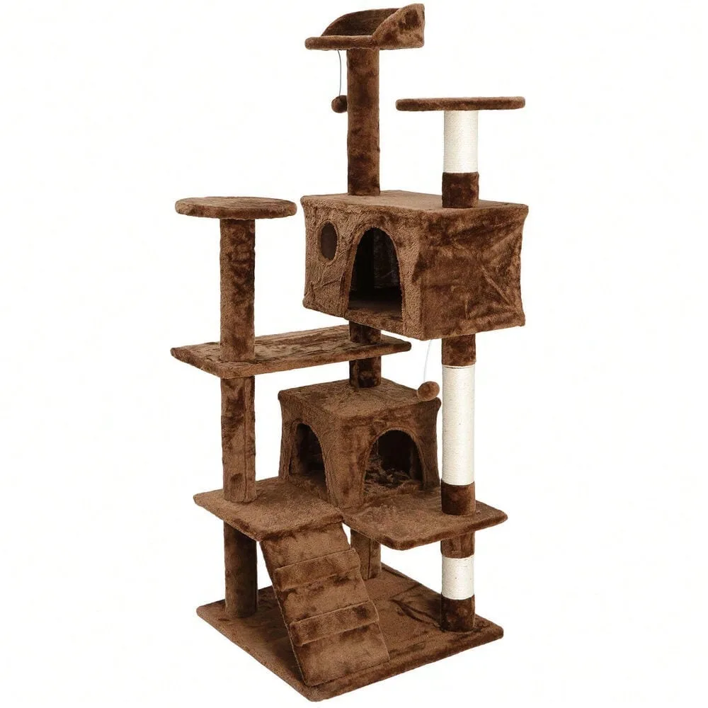 

53 Inch Cat Tree Tower Playing House Condo Activity Center Scratching Post Brown