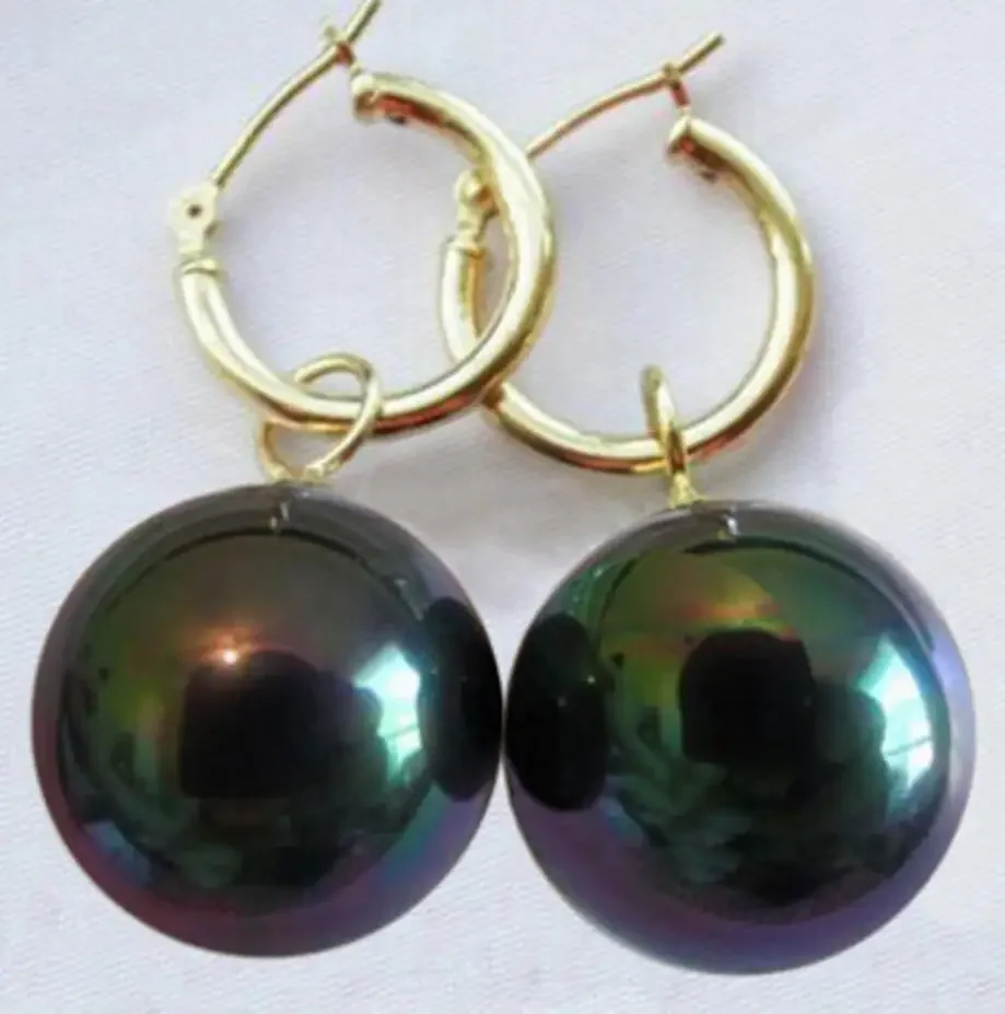 

Big 14mm round Black bright genuine seashell pearl GP dangle earring