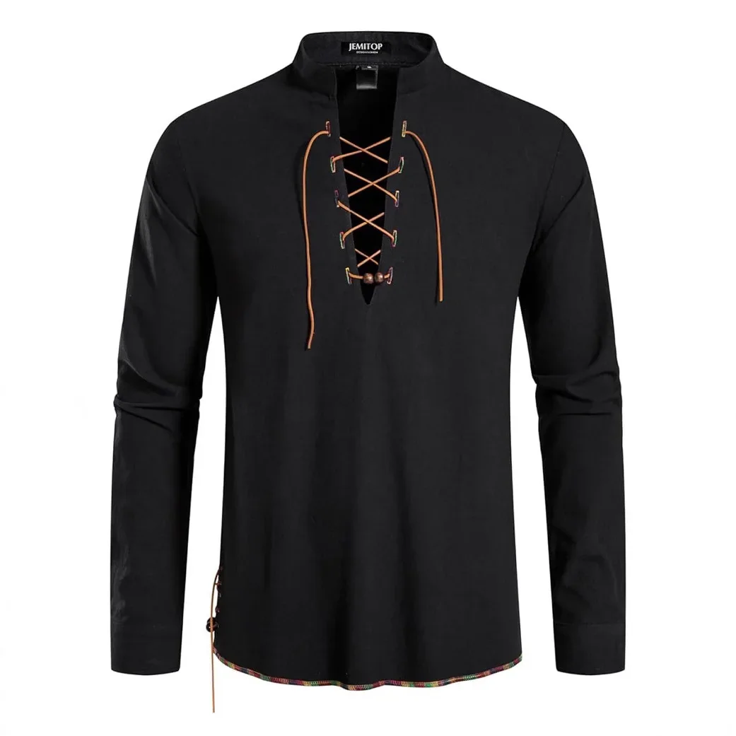 Men Tops Henley Neck Full Sleeve Y2k Streetwear Solid Lace Up High Street Casual Work Slim Fit Basics Simple Daily 2026 Summer