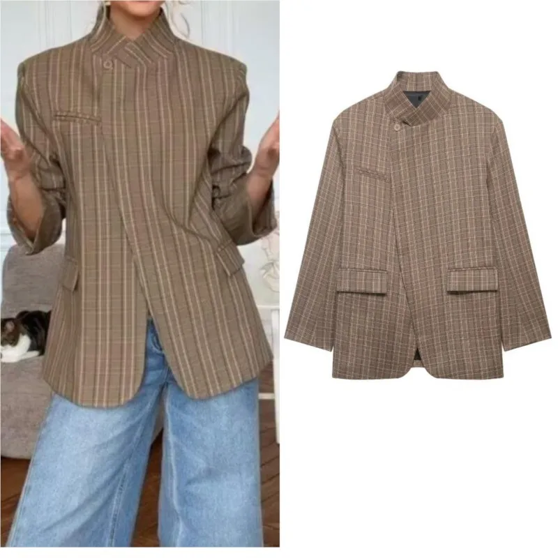 Women's Plaid Blazer Jacket Spring Stand Collar Long Sleeve Single Button Coat Casual Fashion Female Vintage Commute Outerwears