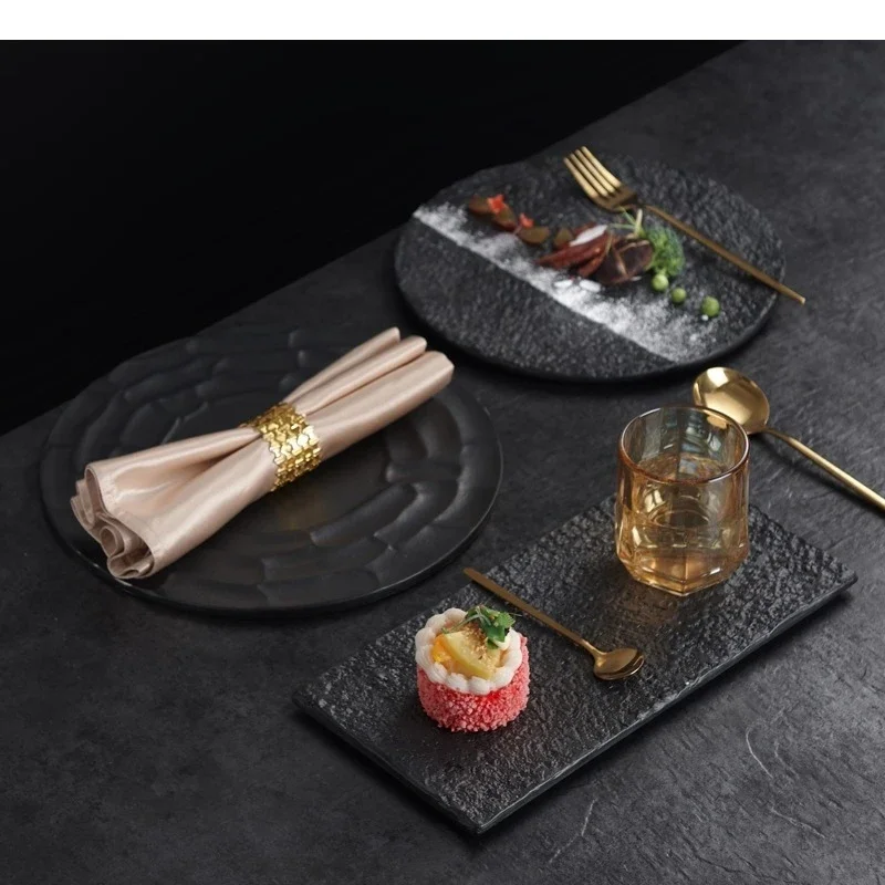 Plato de postre de cerámica negra, reunión familiar, carne asada, filete, restaurante nórdico, decoración de alimentos, ensalada de frutas HQ203