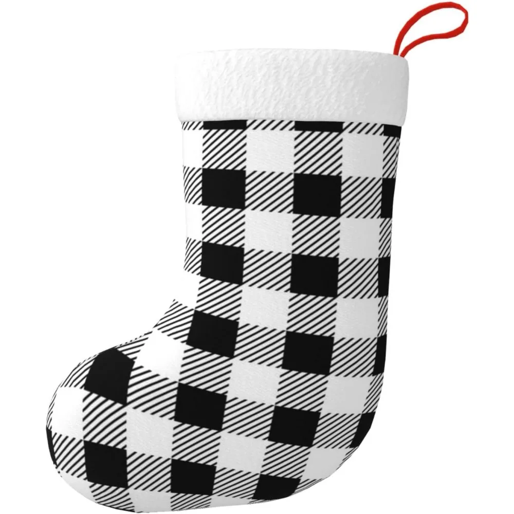

Бело-черный рождественский чулок в клетку, рождественский чулок 17,7 дюйма с плюшевыми манжетами, подвесной чулок для камина для семейного отдыха