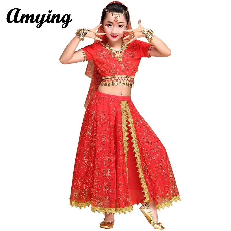 

New Indian Belly Dance Costume Set Children's Bollywood Sari Dress Girls Dance Practice Costumes Stage Performance Clothing