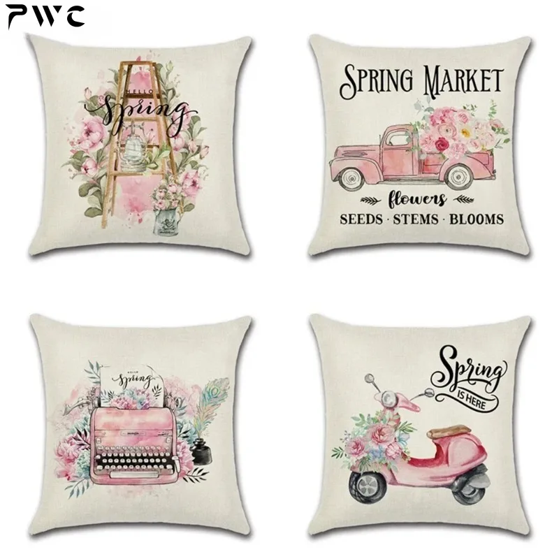 

Sigle-sided Pink cute truck Spring Print Cushion Cover Throw Pillow Cover Nordic Room Decoration for Home Car Sofa Couch