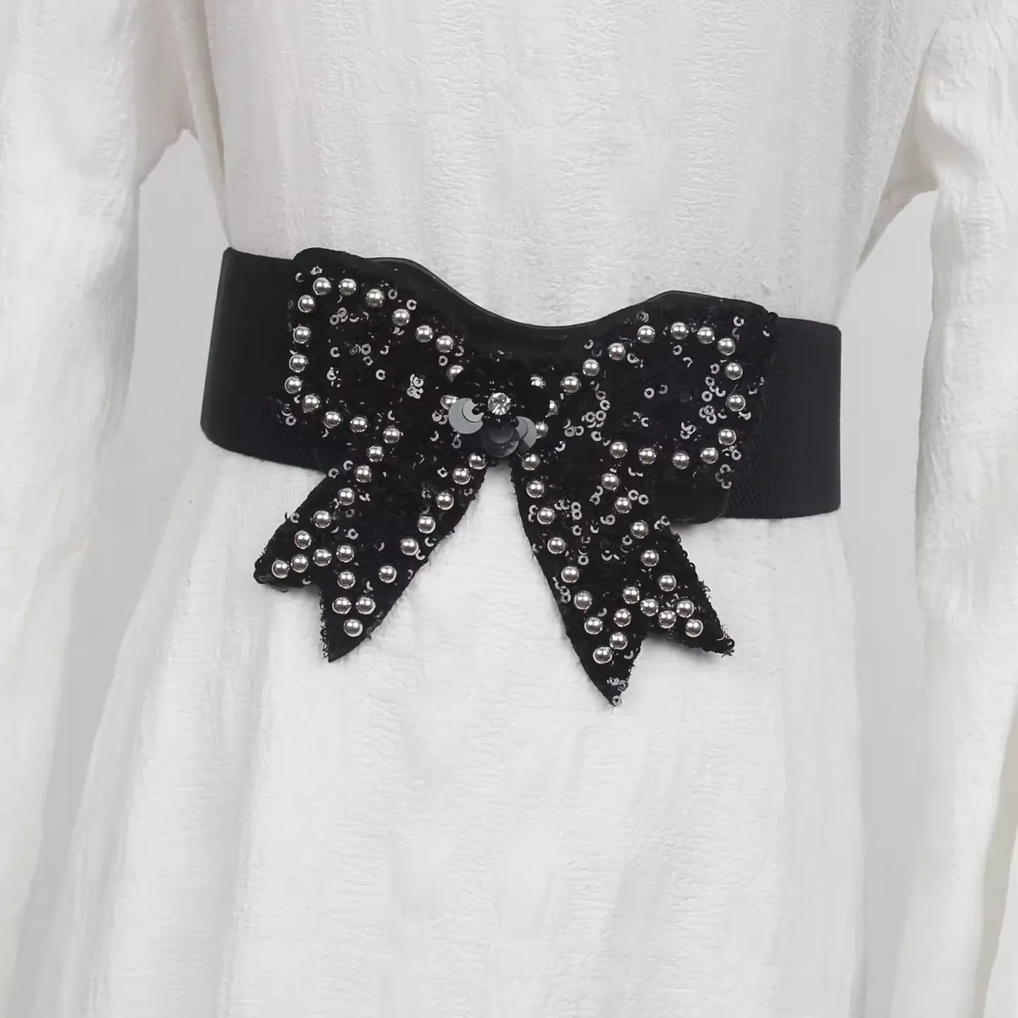 Good Quality! Women's Beaded Bow Black Elastic Corset Female Cummerbund Coat Waistband Dress Decration Wide Belt J1748