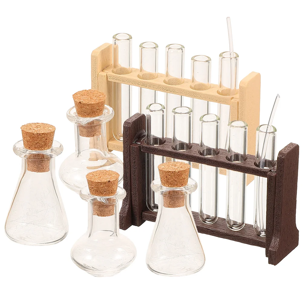 2 Sets House Test Tubes Dollhouse Mini Simulated Glass Measuring Cup Rack Decorate Wood Small