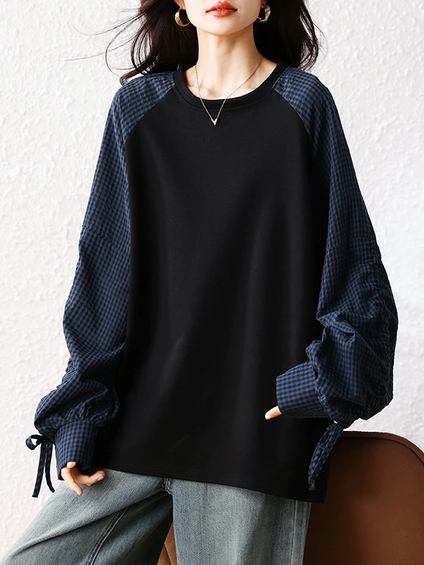 Lazy Style Fake Two-Piece Hoodie Women's Plaid Shirt Upper Autumn Seasonal Splicing Casual Fashion Loose Fit Long Sleeve