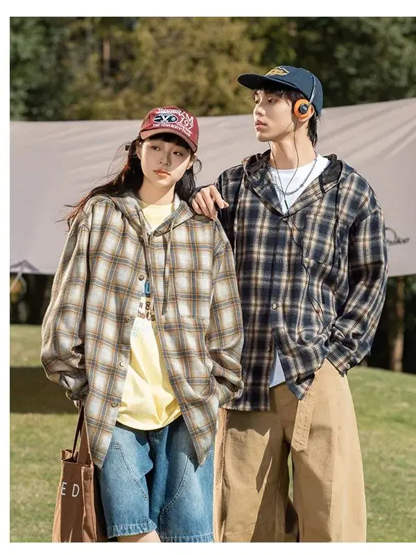 Plaid T- Shirt Women Men Couple Vintage Long Sleeve Shirt Clashing Hooded Drawstring Design Jacket Soft Loose