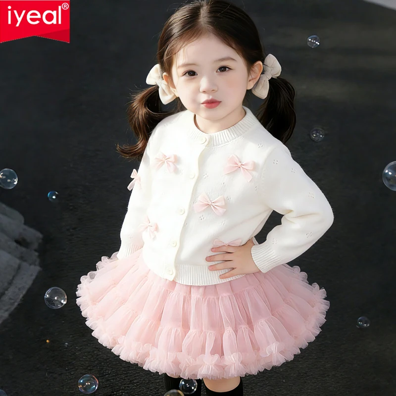 IYEAL Girls' Bow Sweater + Skirt 2025 Autumn New Korean Edition Children's Stylish Knitted Versatile Cake Skirt Two Piece Set