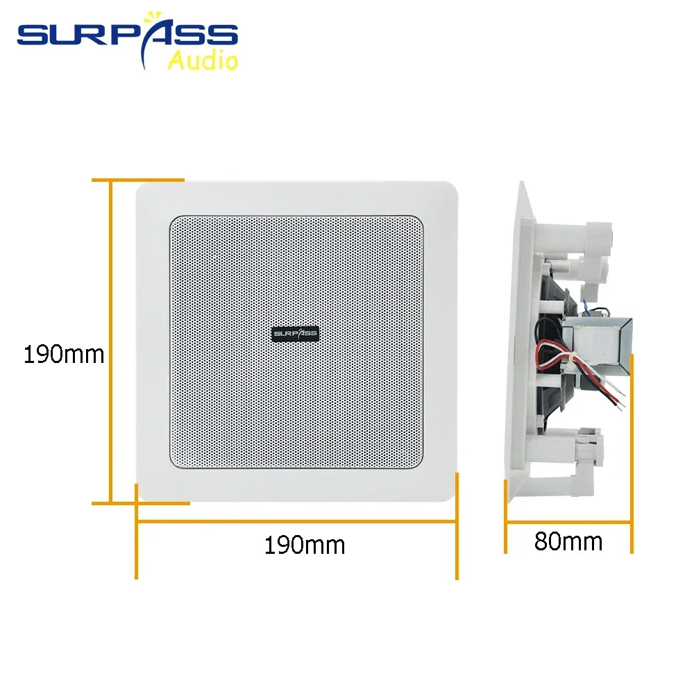 Speaker langit-langit HiFi persegi jarak penuh 5 inci, 6W/3W 100V ABS daya keran Sistem Teater rumah musik Stereo suara pengeras suara atap