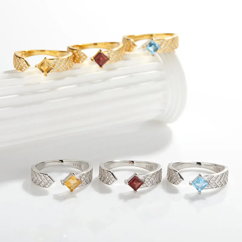 S925 sterling silver inlaid natural garnet topaz colored treasure ring women's light luxury high-end jewelry