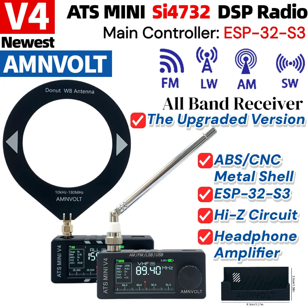 

Радиоприемник V4/V3S AMNVOLT ATS Mini SI4732 (все диапазоны) с поддержкой AM/FM/SSB/LSB/USB и встроенным усилителем Hi-Z для наушников (для радиолюбителей)