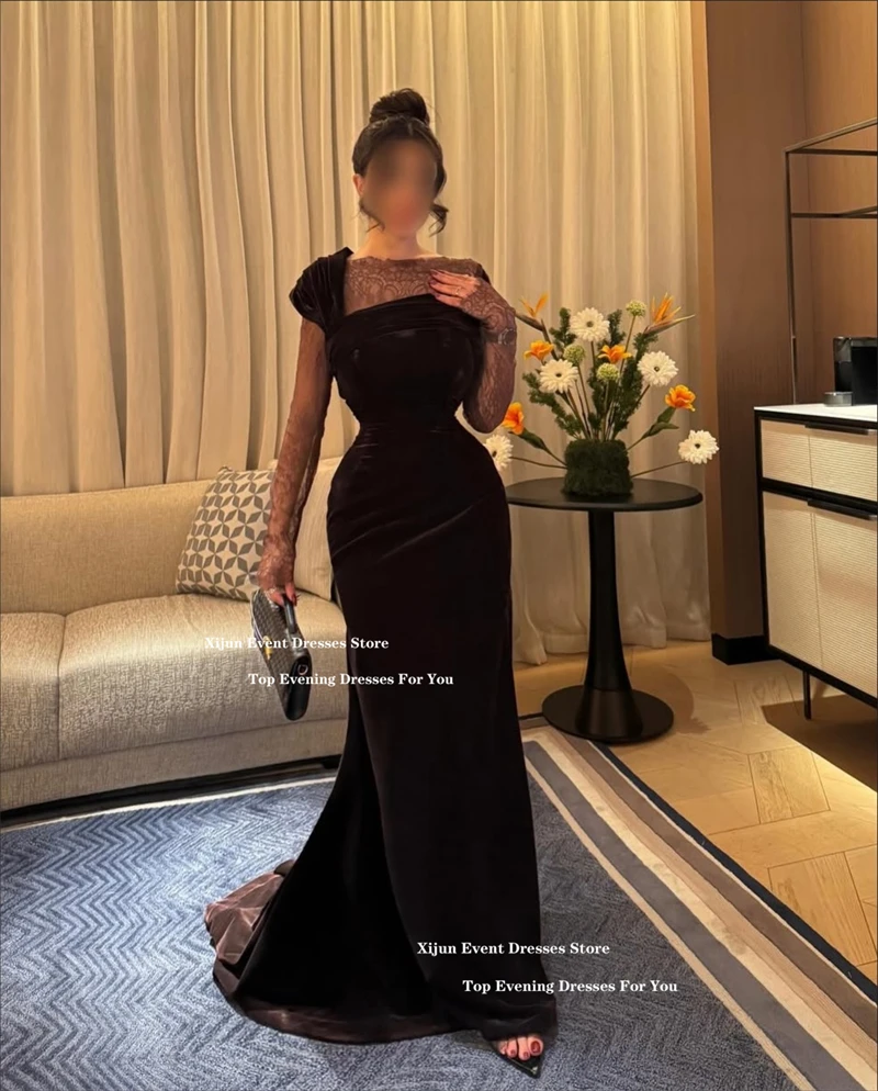 Xijun Luxury Velvet Mermaid Evening Dresses Lace Full Sleeves Dubai Prom Dresses Pleated Formal Occasion Women Prom Gowns Custo
