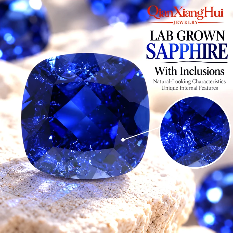 Lab Created Sapphire Cushion Shape Royal Blue Cornflower Blue Natural Cut Loose Gem Stone with Minor Cracks Inclusions AGL
