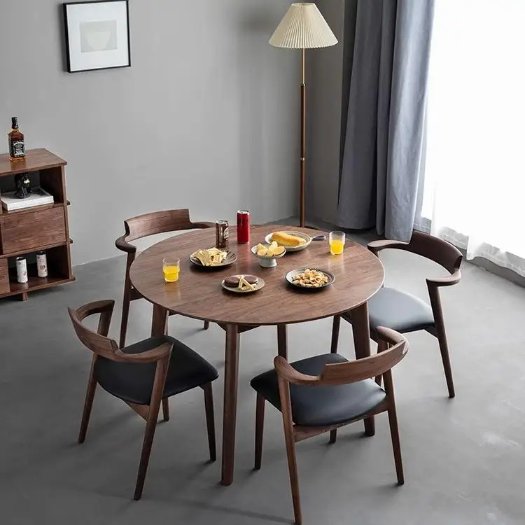 

Nordic all-solid wood dining table and chair combination household small apartment North American black walnut round table