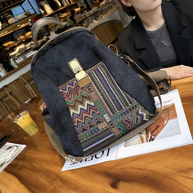 Chikage Large Capacity Multi-function Canvas Bag Vintage Embroidery Ethnic Style Denim Backpack Ladies Travel Backpack