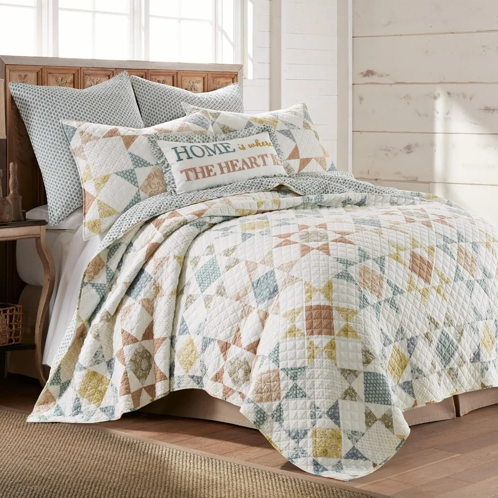 Lottie King Quilt Set with 2 King Shams Patchwork Teal Green Ochre Taupe Cream Reversible Cotton