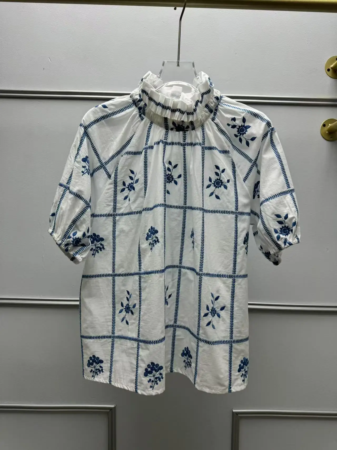 Coton ample irt été 2025 bleu broderie florale ort Sve aérien décontracté Sle coupe droite bulle Sve