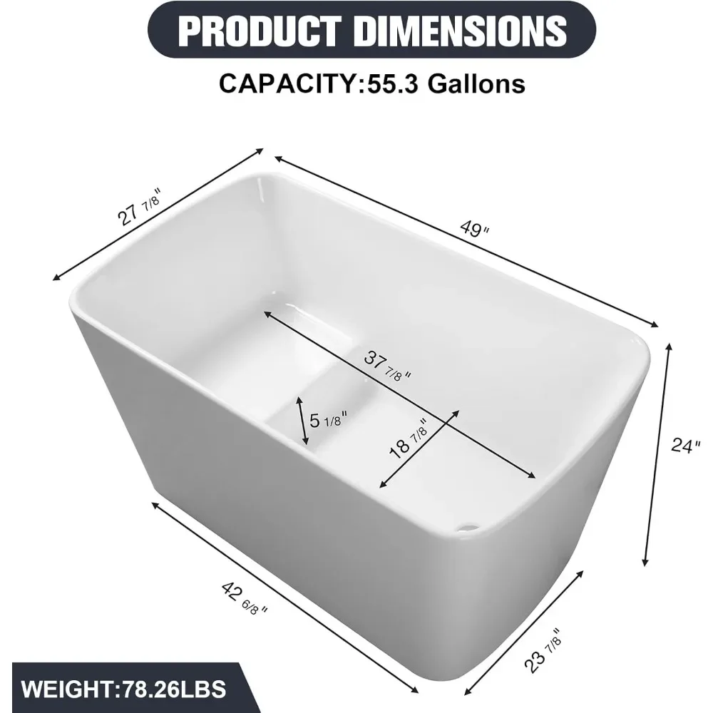 49x28'' Acrylic Freestanding Soaking Tub, Square Japanese Design, Chrome Overflow/Drain, cUPC, Express Delivery (White)