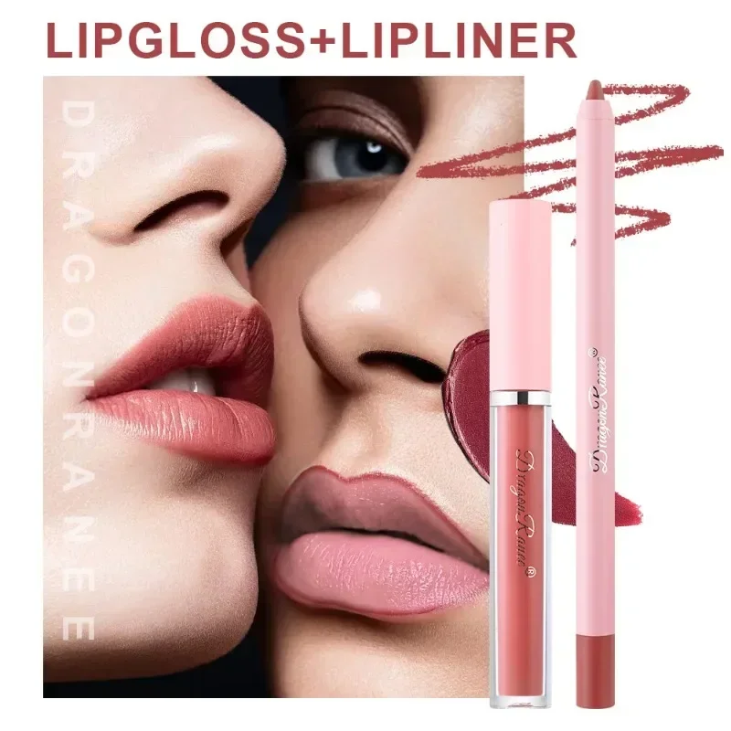 Heallor 2pcs Lipstick Lipliner Pen Set Matte Waterproof Lip Liner Pencil Contour Makeup Sexy Red Lip Stick Long Lasting Cosmetic