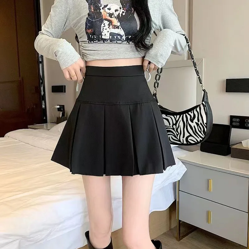 Gray High Waist Pleated Skirts Women Summer Fashion Solid Preppy Zipper A Line Skirts Ladies Streetwear All-Match Mini Skirts