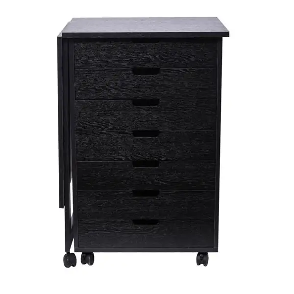 Wood Filing Cabinet with Folding Desktop 7 Drawer Black Gate Leg Roll Cart multi-function File Cabinet Storage 5 wheels