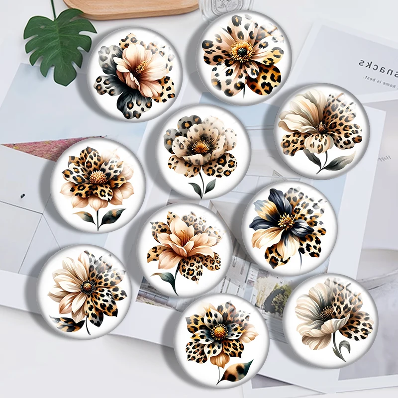 Leopard print hibiscus flowe10pcs 12mm14mm/16mm/18mm/20mm/25mm Round Photo Glass Cabochon Demo Flat Back Making Findings Jewelry