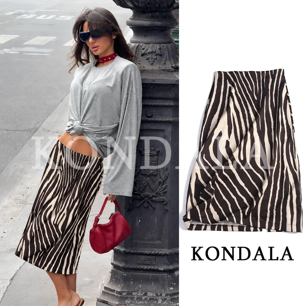 KONDALA Women Vintage Zebra Print Midi Skirt Street Style Chic Split Skirt 2026 Early Autumn/Fall Trendy Elegant Lady Y2K Skirts