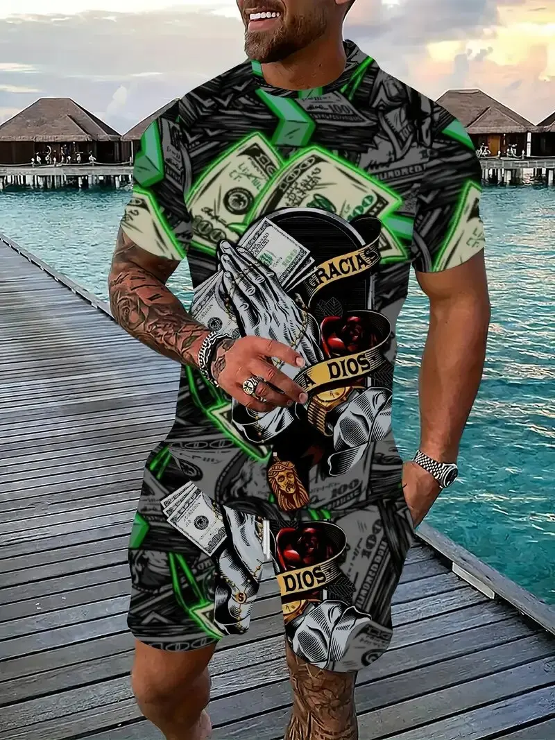 

Men's 2-Piece Prayer Hand Pattern Trendy 3d Digital Printing Men's Fashion Clothing Summer Casual T-Shirt And Shorts Suit