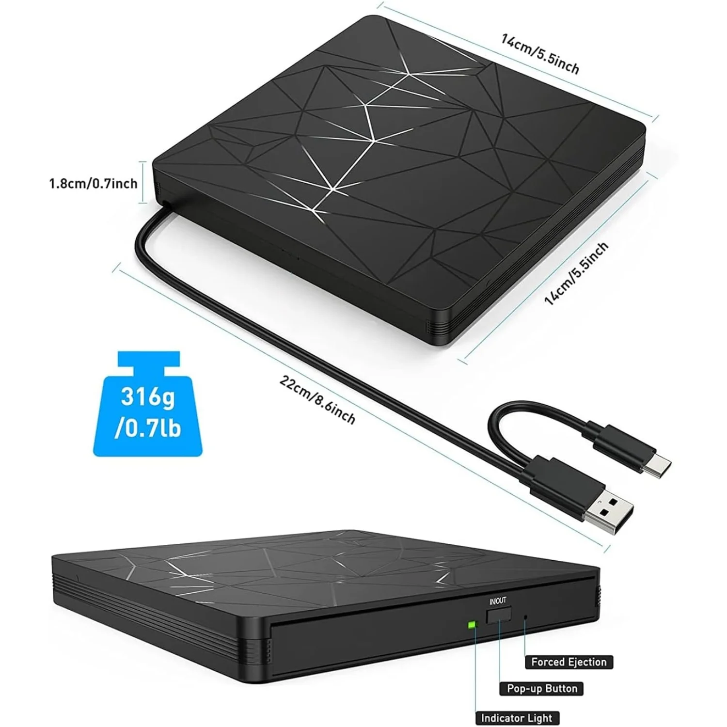 External DVD RW Drive,Portable USB 3.0/Type-C CD Drive Burner with Mute Design, +/-RW Drive Optical Readers for Laptop Desktop