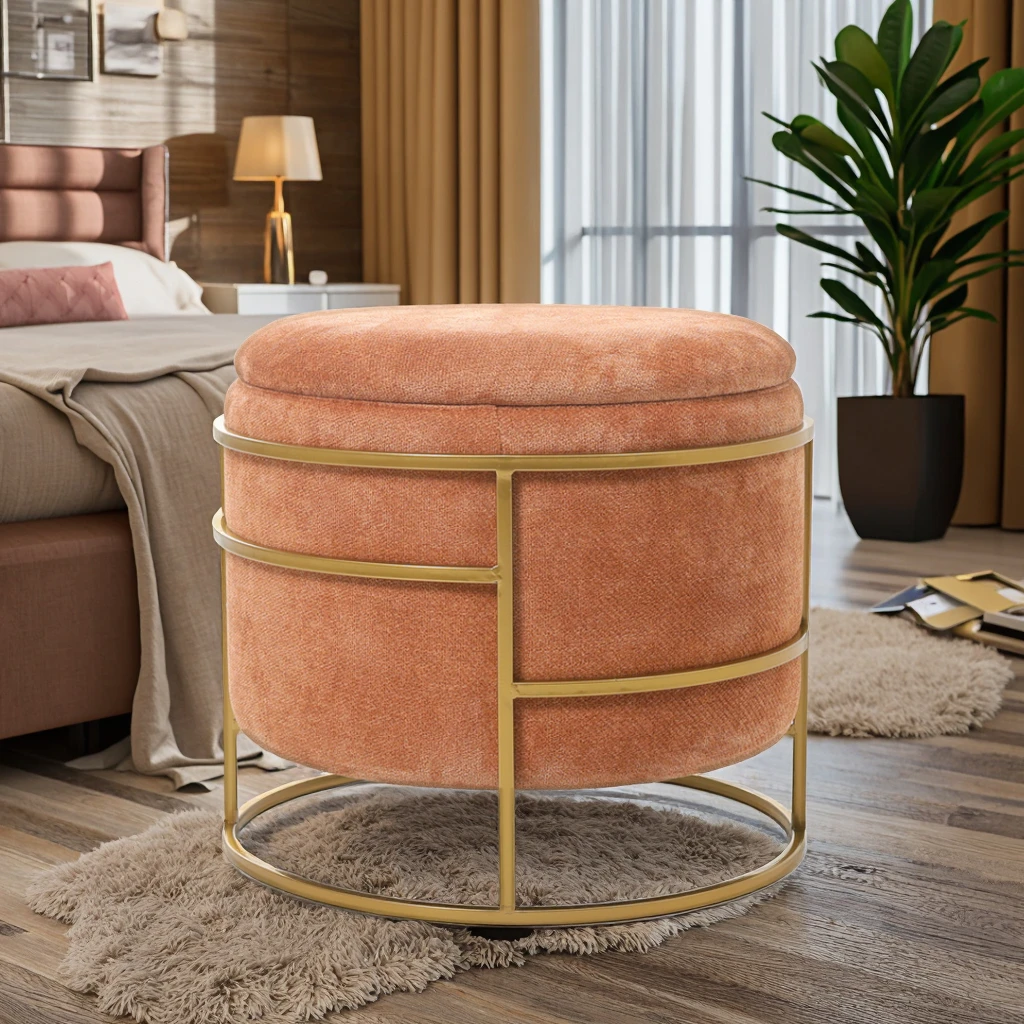 Adjustable Velvet Fabric Metal Legs for Bedroom & Hotel Soft Seating Ottoman Luxury Tufted Makeup Dressing Footstool&Ottoman