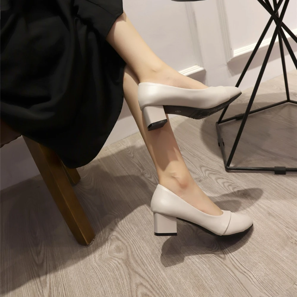 Shoes Women Mid Heel Office Lady Pumps PU Leather Black Basic Square Heeled Spring Autumn Loafers Female Zapatos Size35-41
