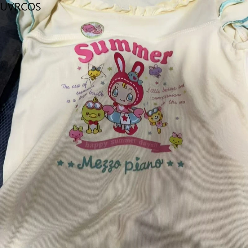 Giapponese Dolce Lolita T-Shirt Donna Y2k Estetica Casual Kawaii Crop Top Harajuku Cartoon Bunny Stampa Arco Allentato Magliette 2025 Grunge