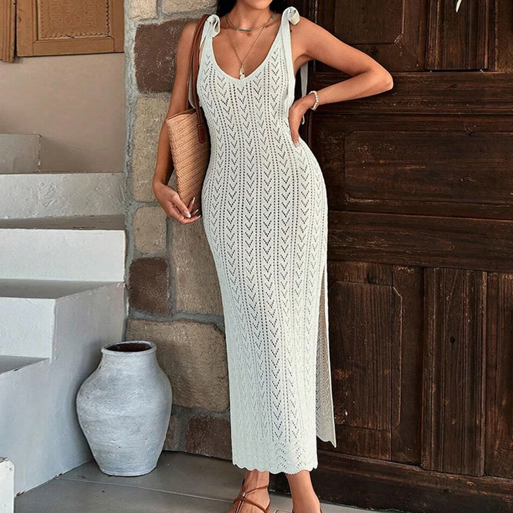 Cobrir verão elegante ilhó bordado sem mangas colher pescoço rendas fenda lateral midi praia cobrir para mulher