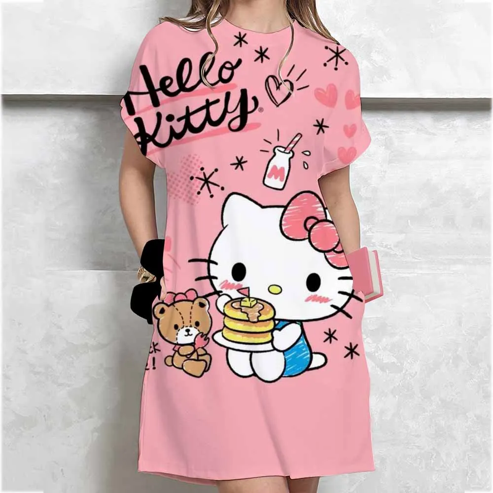 فستان نسائي صيفي تي شيرت كاجوال برقبة دائرية وأكمام قصيرة مطبوع عليه مرحبا كيتي فساتين صغيرة كورية ضيقة