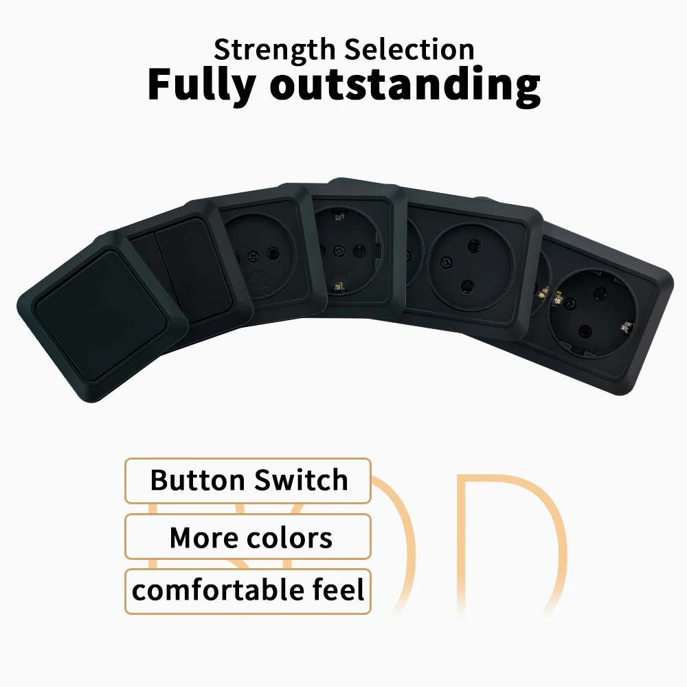 منافذ كهربائية مثبطة للهب مثبتة على الحائط باللون الأسود، مقابس طلاء بلاستيكية مع مقابس طاقة كلاسيكية قياسية من الاتحاد الأوروبي